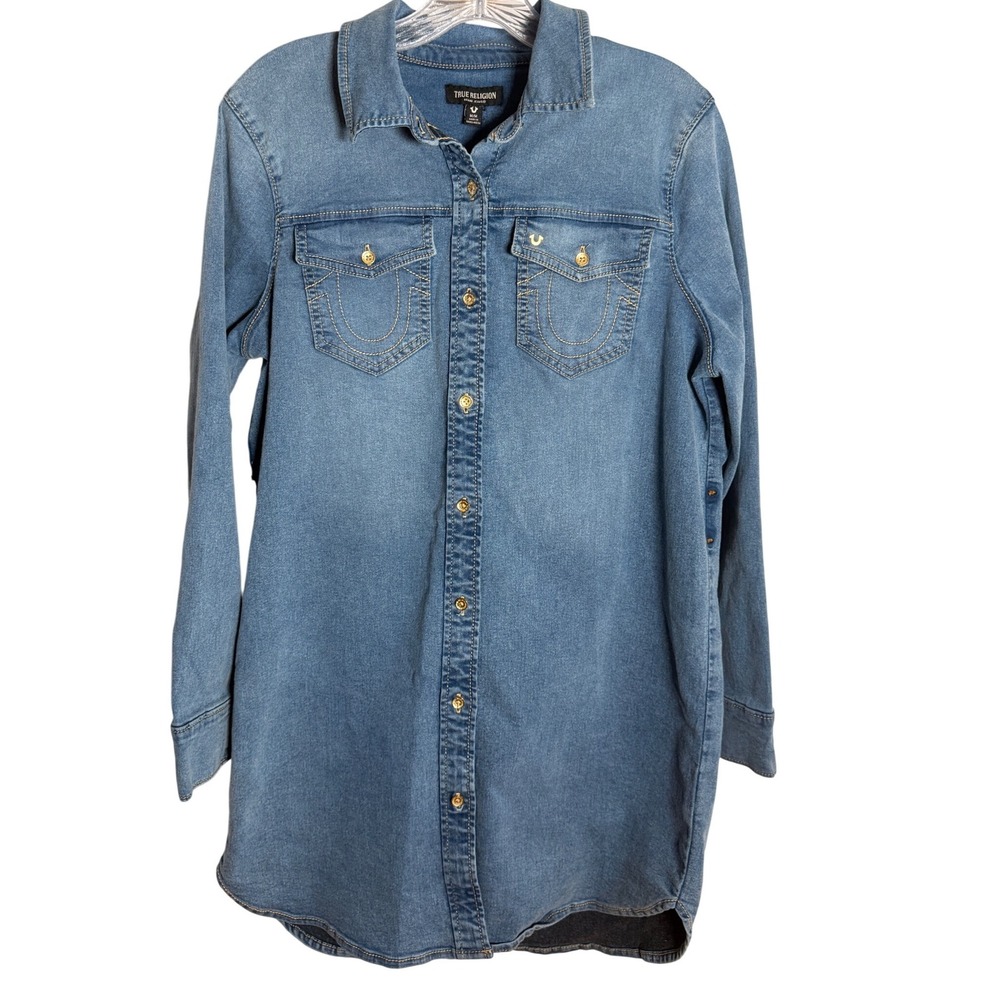 True Religion Denim Shirt Dress Womens Medium Blue Cotton Blend Western Casual